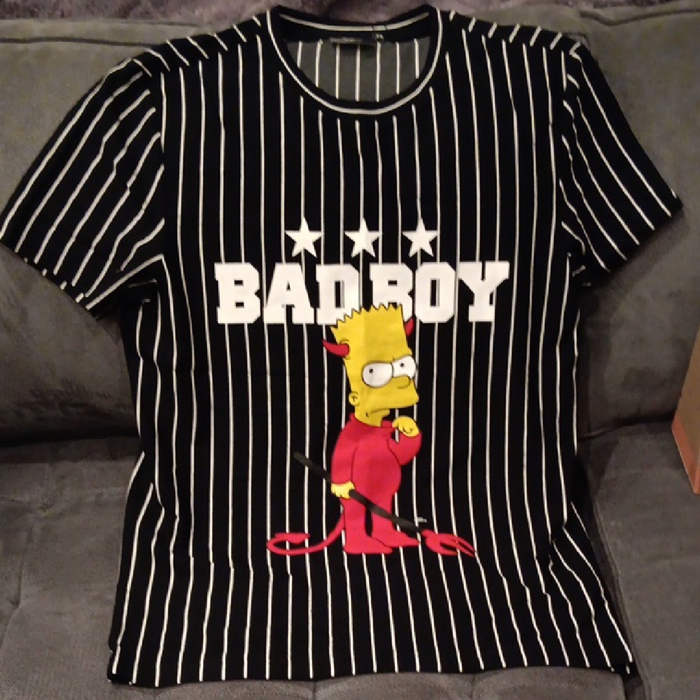 FUN, THE SIMPSON, BART Black Striped Short Sleeve Tee, Size L, NWT